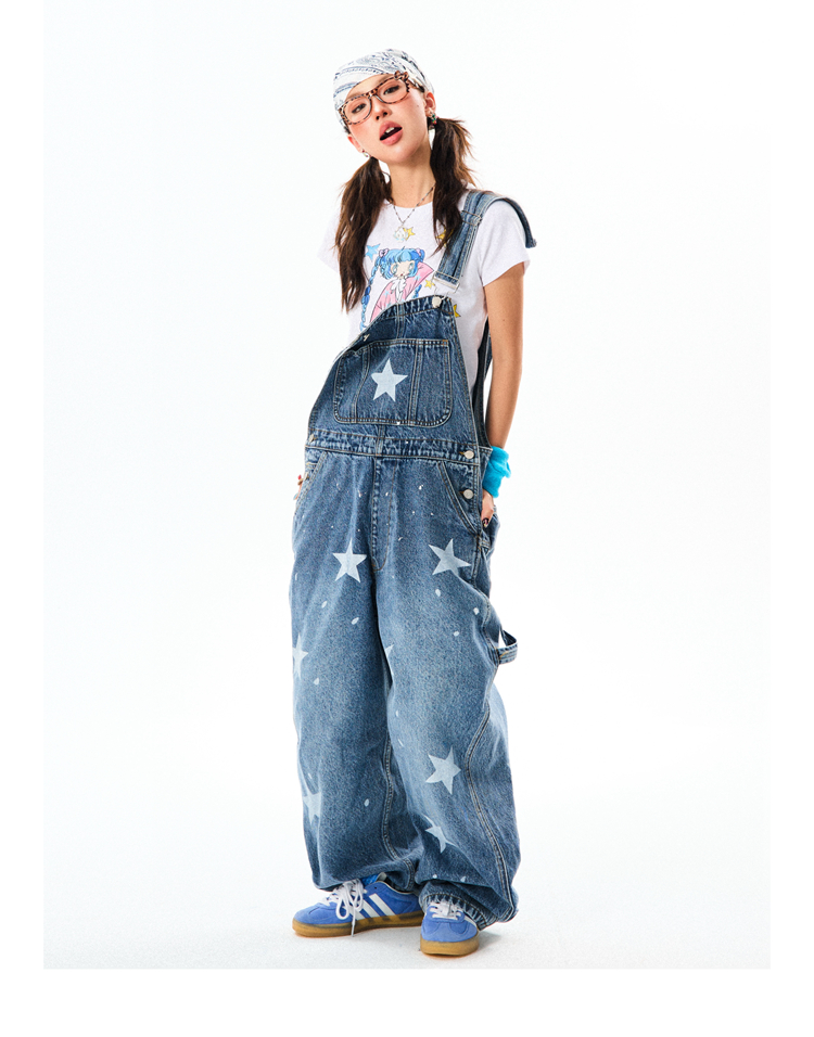 Vintage American Star Print Denim Overalls for Women - Casual Floor-Length Pants in 90s Style, Versatile Fashion Staple Vintage American Star Print Denim Overalls for Women - Casual Floor-Length Pants in 90s Style, Versatile Fashion Staple