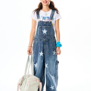 Vintage American Star Print Denim Overalls for Women - Casual Floor-Length Pants in 90s Style, Versatile Fashion Staple