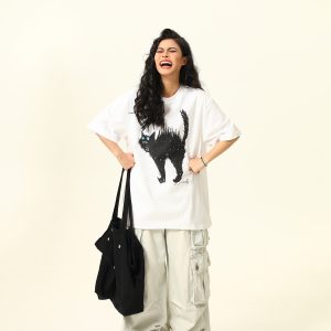 Vintage American Street Cat Short Sleeve T-Shirt for Men and Women, Loose Fit, Niche Design, Versatile Couple Style