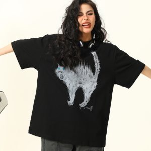 Vintage American Street Cat Short Sleeve T-Shirt for Men and Women, Loose Fit, Niche Design, Versatile Couple Style