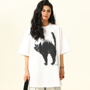 Vintage American Street Cat Short Sleeve T-Shirt for Men and Women, Loose Fit, Niche Design, Versatile Couple Style