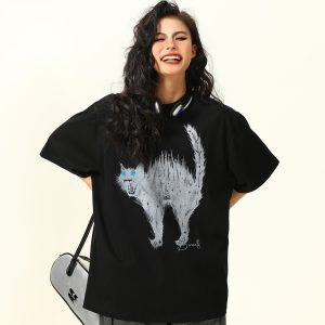 Vintage American Street Cat Short Sleeve T-Shirt for Men and Women, Loose Fit, Niche Design, Versatile Couple Style