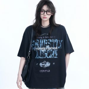 Vintage American-Style Distressed Loose Fit Short-Sleeve T-Shirt for Women with Mottled Print - Y2K Fashion Essential