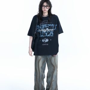 Vintage American-Style Distressed Loose Fit Short-Sleeve T-Shirt for Women with Mottled Print - Y2K Fashion Essential