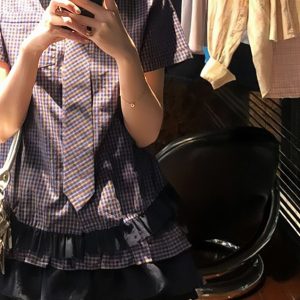 Vintage American Style Doll Collar Short Sleeve Checkered Shirt for Women - Slim Fit Summer Patchwork Pleats Fashion Top