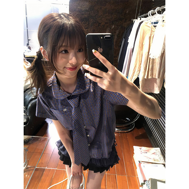 Vintage American Style Doll Collar Short Sleeve Checkered Shirt for Women - Slim Fit Summer Patchwork Pleats Fashion Top