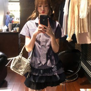 Vintage American Style Doll Collar Short Sleeve Checkered Shirt for Women - Slim Fit Summer Patchwork Pleats Fashion Top