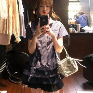 Vintage American Style Doll Collar Short Sleeve Checkered Shirt for Women - Slim Fit Summer Patchwork Pleats Fashion Top