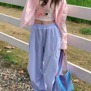 Vintage American-Style Loose-Fitting Wide-Leg Work Pants for Women, Striped Casual Sports Pants with Elastic Waist and Slimming Drape