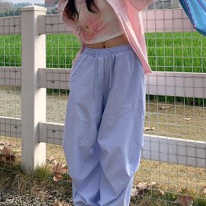 Vintage American-Style Loose-Fitting Wide-Leg Work Pants for Women, Striped Casual Sports Pants with Elastic Waist and Slimming Drape