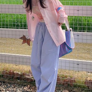 Vintage American-Style Loose-Fitting Wide-Leg Work Pants for Women, Striped Casual Sports Pants with Elastic Waist and Slimming Drape