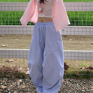 Vintage American-Style Loose-Fitting Wide-Leg Work Pants for Women, Striped Casual Sports Pants with Elastic Waist and Slimming Drape