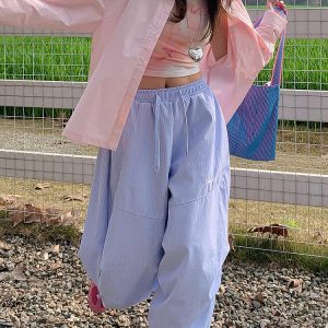 Vintage American-Style Loose-Fitting Wide-Leg Work Pants for Women, Striped Casual Sports Pants with Elastic Waist and Slimming Drape