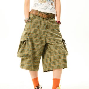 Vintage American-Style Plaid Capri Pants for Women, Wide-Leg Workwear Shorts, Casual Versatile 90s Inspired Fashion