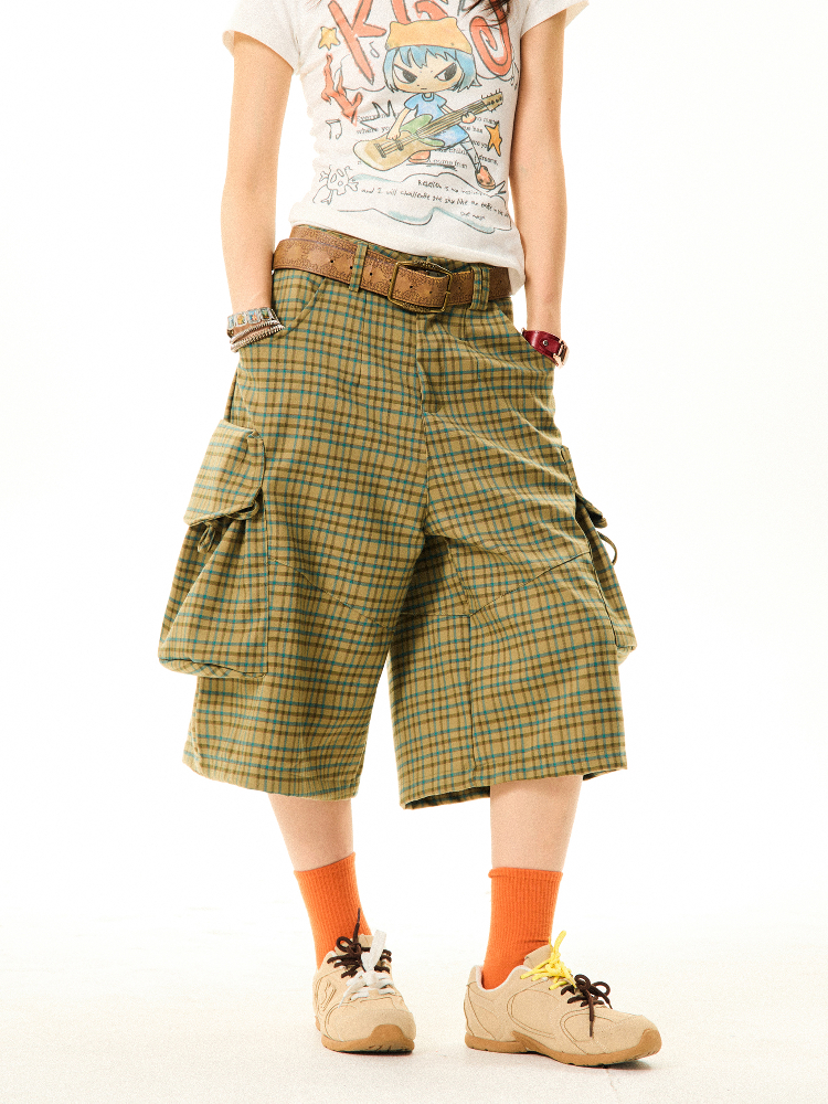 Vintage American-Style Plaid Capri Pants for Women, Wide-Leg Workwear Shorts, Casual Versatile 90s Inspired Fashion Vintage American-Style Plaid Capri Pants for Women, Wide-Leg Workwear Shorts, Casual Versatile 90s Inspired Fashion