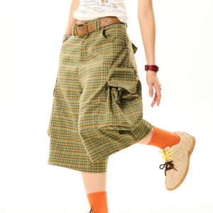 Vintage American-Style Plaid Capri Pants for Women, Wide-Leg Workwear Shorts, Casual Versatile 90s Inspired Fashion