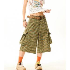 Vintage American-Style Plaid Capri Pants for Women, Wide-Leg Workwear Shorts, Casual Versatile 90s Inspired Fashion