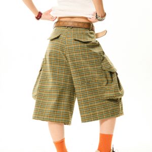 Vintage American-Style Plaid Capri Pants for Women, Wide-Leg Workwear Shorts, Casual Versatile 90s Inspired Fashion