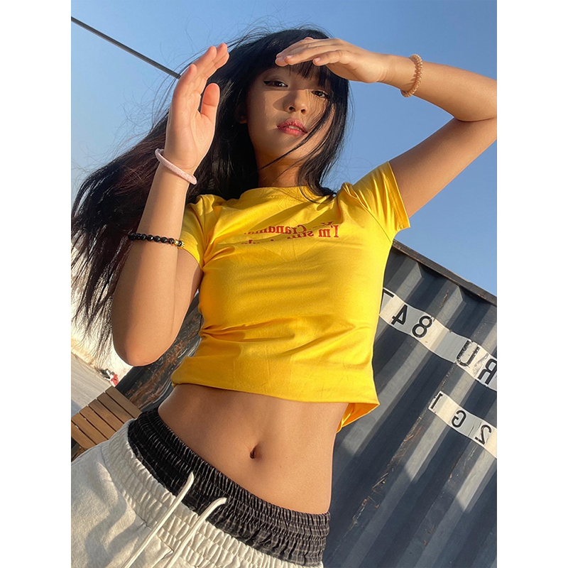 Vintage American Style Shoulder T-Shirt for Women, Slim Fit Slogan Print, Round Neck, Short Sleeve Jazz Top for Summer