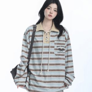 Vintage American Style Striped Oversized Long Sleeve Polo Shirt for Women - Casual Y2K Fashion Essential