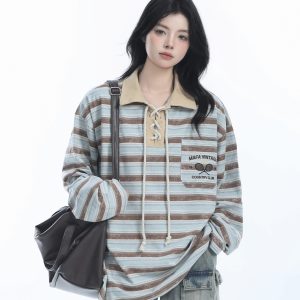 Vintage American Style Striped Oversized Long Sleeve Polo Shirt for Women - Casual Y2K Fashion Essential