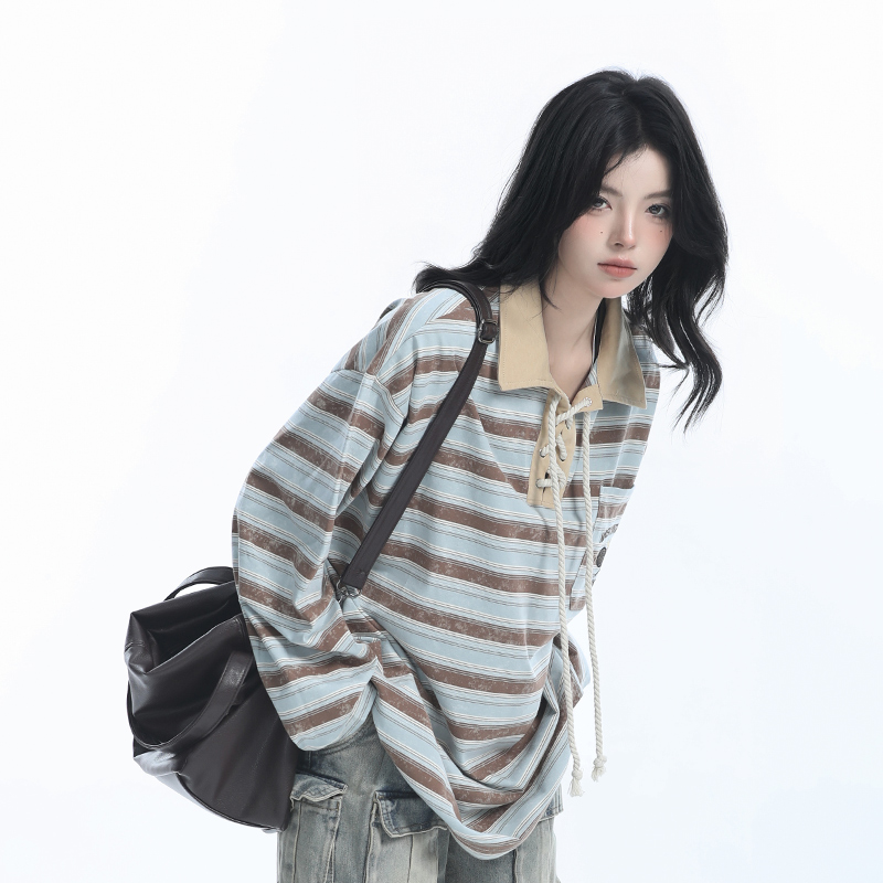 Vintage American Style Striped Oversized Long Sleeve Polo Shirt for Women - Casual Y2K Fashion Essential