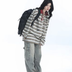 Vintage American Style Striped Oversized Long Sleeve Polo Shirt for Women - Casual Y2K Fashion Essential