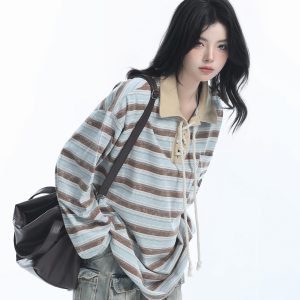 Vintage American Style Striped Oversized Long Sleeve Polo Shirt for Women - Casual Y2K Fashion Essential