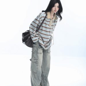 Vintage American Style Striped Oversized Long Sleeve Polo Shirt for Women - Casual Y2K Fashion Essential