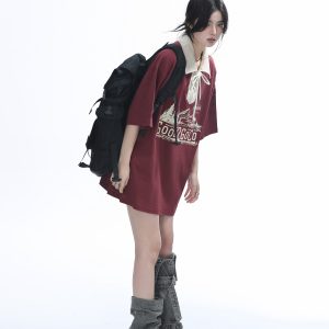 Vintage American-Style Wine Red Lace-Up Short Sleeve Polo Shirt for Women, Loose Fit Summer Top, Casual Y2K Fashion