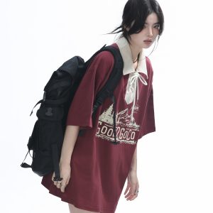 Vintage American-Style Wine Red Lace-Up Short Sleeve Polo Shirt for Women, Loose Fit Summer Top, Casual Y2K Fashion