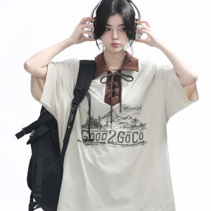 Vintage American-Style Wine Red Lace-Up Short Sleeve Polo Shirt for Women, Loose Fit Summer Top, Casual Y2K Fashion