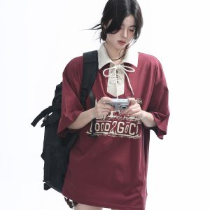Vintage American-Style Wine Red Lace-Up Short Sleeve Polo Shirt for Women, Loose Fit Summer Top, Casual Y2K Fashion