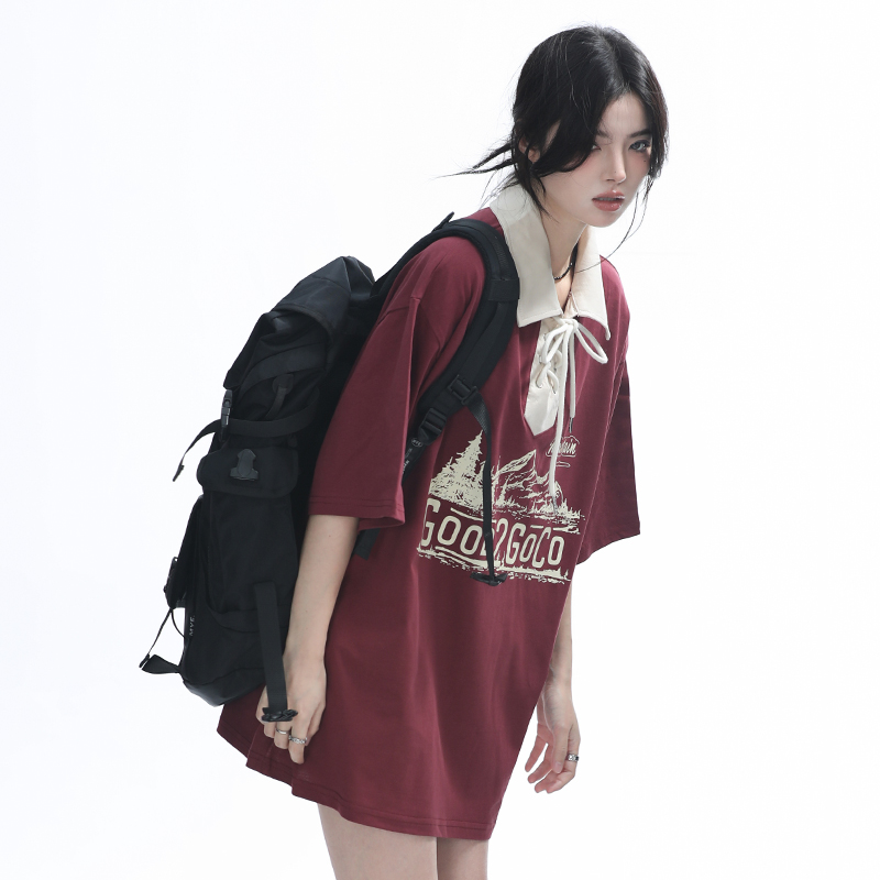 Vintage American-Style Wine Red Lace-Up Short Sleeve Polo Shirt for Women, Loose Fit Summer Top, Casual Y2K Fashion