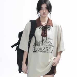 Vintage American-Style Wine Red Lace-Up Short Sleeve Polo Shirt for Women, Loose Fit Summer Top, Casual Y2K Fashion