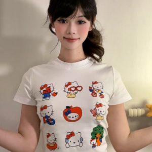 Vintage American Summer Kitty Cat Print Short-Sleeve Women's Fitted Top – Cute Round Neck Tee for a Sweet, Cool Look