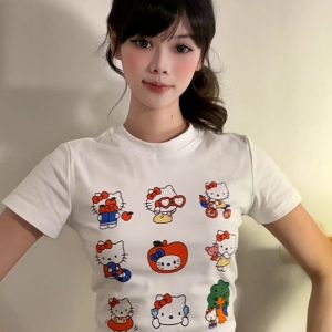 Vintage American Summer Kitty Cat Print Short-Sleeve Women's Fitted Top – Cute Round Neck Tee for a Sweet, Cool Look