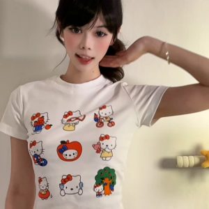 Vintage American Summer Kitty Cat Print Short-Sleeve Women's Fitted Top – Cute Round Neck Tee for a Sweet, Cool Look