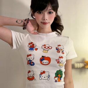 Vintage American Summer Kitty Cat Print Short-Sleeve Women's Fitted Top – Cute Round Neck Tee for a Sweet, Cool Look
