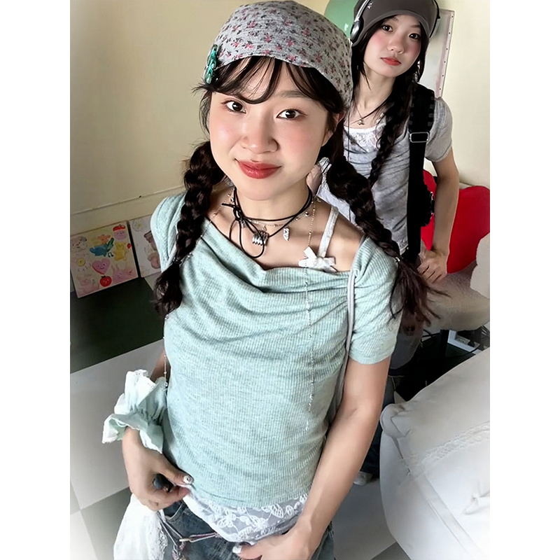 Vintage American Swing Collar T-Shirt for Women, Summer Lace Splicing, Slim Fit, Short Sleeve, Irregular Cropped Top, Y2K Style