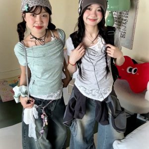 Vintage American Swing Collar T-Shirt for Women, Summer Lace Splicing, Slim Fit, Short Sleeve, Irregular Cropped Top, Y2K Style