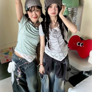 Vintage American Swing Collar T-Shirt for Women, Summer Lace Splicing, Slim Fit, Short Sleeve, Irregular Cropped Top, Y2K Style