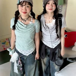 Vintage American Swing Collar T-Shirt for Women, Summer Lace Splicing, Slim Fit, Short Sleeve, Irregular Cropped Top, Y2K Style