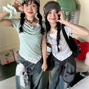 Vintage American Swing Collar T-Shirt for Women, Summer Lace Splicing, Slim Fit, Short Sleeve, Irregular Cropped Top, Y2K Style