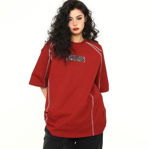 Vintage American Unisex Short Sleeve T-Shirt in Red - Trendy Loose Fit Couple Tee for Y2K Style Lovers