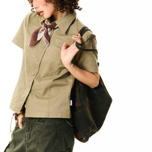 Vintage American Workwear Short Sleeve Shirt for Women - Summer Waist-Defining Slim Fit Versatile Top