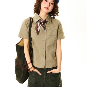 Vintage American Workwear Short Sleeve Shirt for Women - Summer Waist-Defining Slim Fit Versatile Top