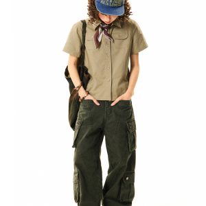 Vintage American Workwear Short Sleeve Shirt for Women - Summer Waist-Defining Slim Fit Versatile Top