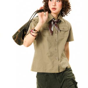 Vintage American Workwear Short Sleeve Shirt for Women - Summer Waist-Defining Slim Fit Versatile Top