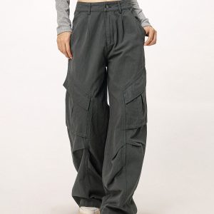 Vintage American Workwear Wide Leg Pants for Women - Casual Loose Straight Leg Trousers for Autumn Winter Fashion